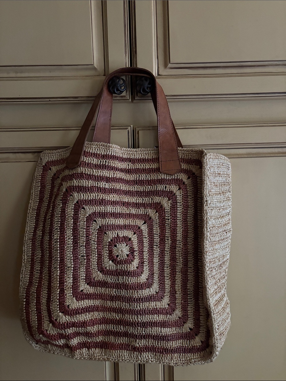 Handwoven Natural & Burgundy Straw Tote Bag with Leather Handles